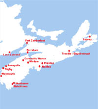Map showing some of the Black Loyalist Communities in Nova Scotia and New Brunswick.